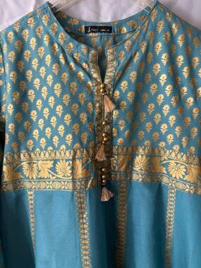 Junaid Jamshed J. Pret Teal gold block print crochet Kurta Tunic Dress Small 10